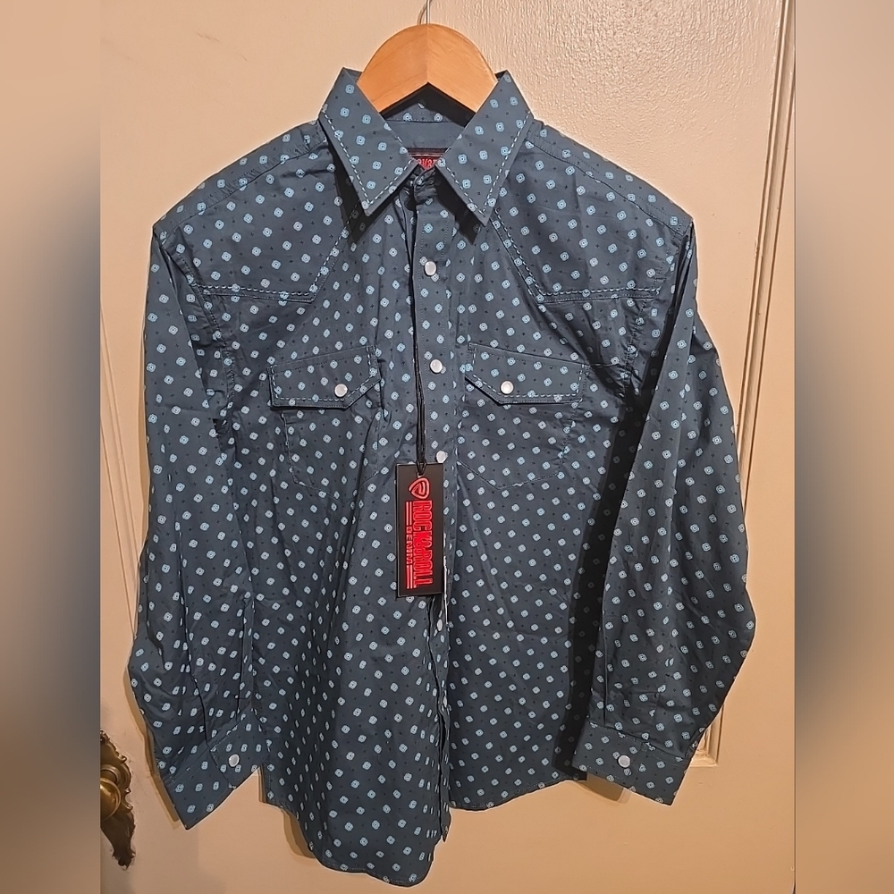 Boy's,Rock&Roll Denim,Sz L, NWT, Teal/Carribean, Geometric Pattern, Pearl Snap